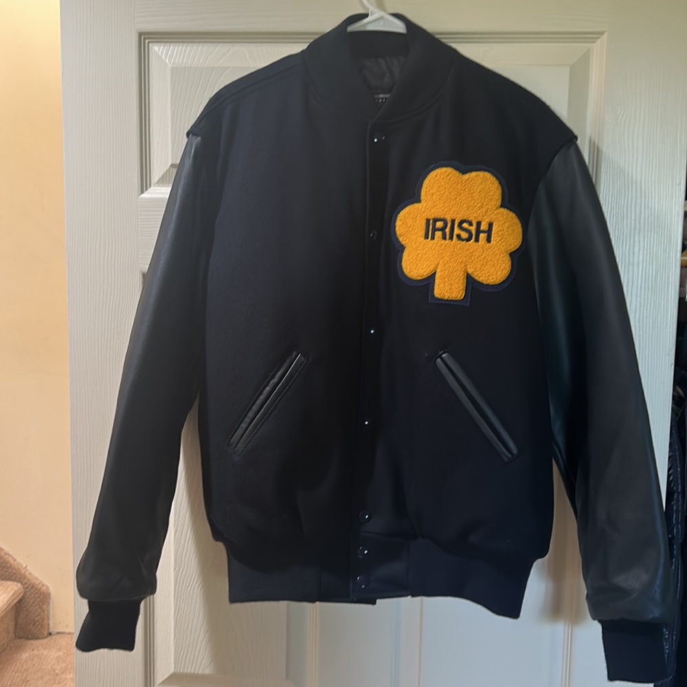 University of Notre Dame Irish Wool Bomber Jacket with Leather Sleeves